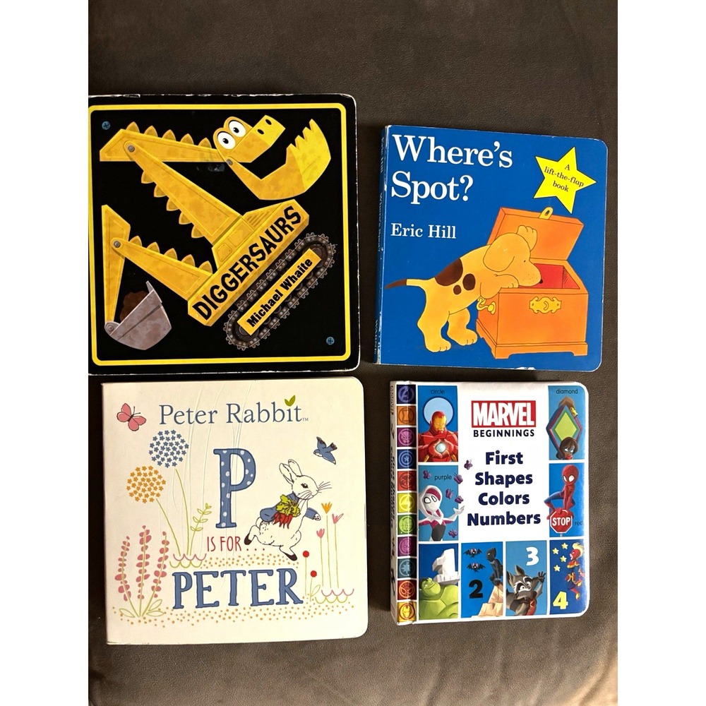 Lot of 4 Childrens Board Books Diggersaurs Wheres Spot Peter Rabbit Marvel